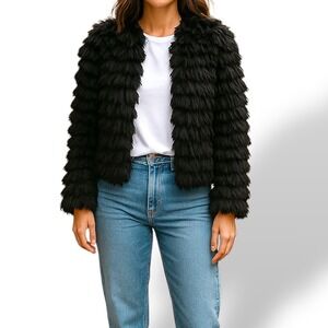 Pants Store Faux Fur Jacket Shaggy Black Tiered Open Front  Witchy Gothic Medium